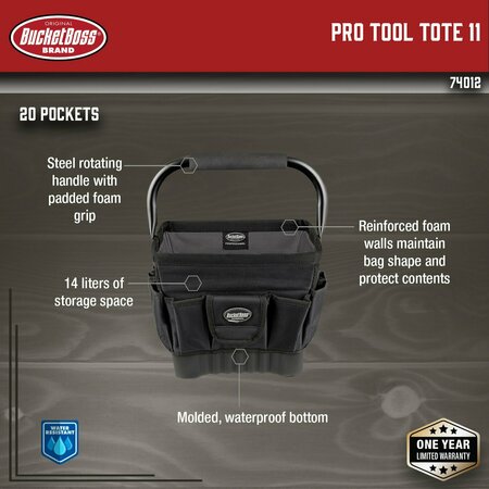 Bucket Boss Pro Tool Tote 11, 1680 Heavy-Duty Poly Fabric, 19 Pockets 74012